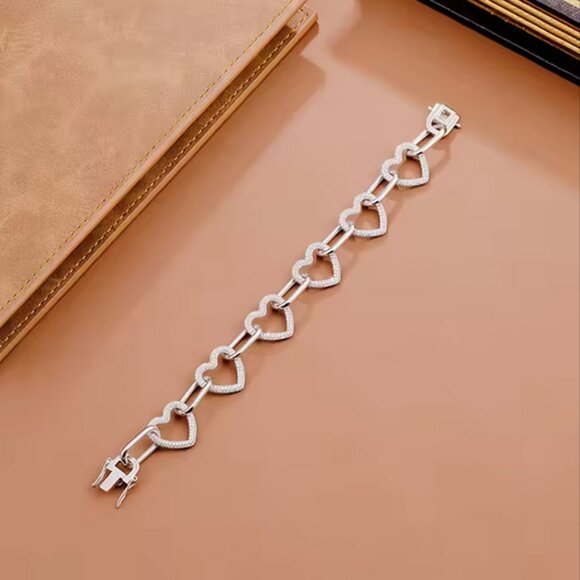 Certified Moissanite Bracelet Fully Ice Heart Link, 7" - Picture 5 of 9